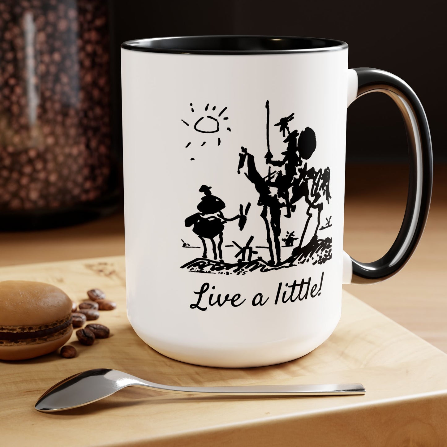 "Live a little!" |  Don Quixote, Sancho Panza, Two-Tone Coffee Mugs, 15oz