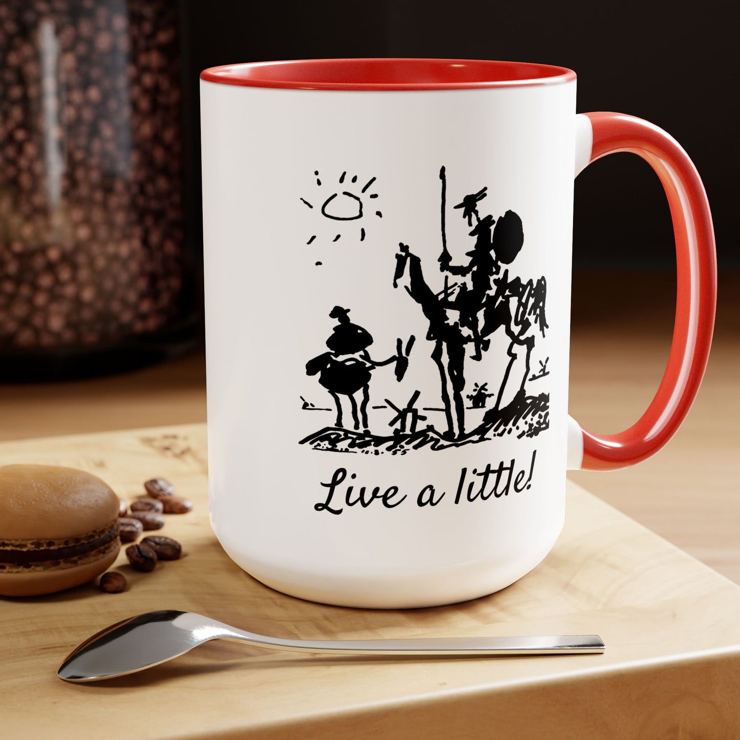 "Live a little!" |  Don Quixote, Sancho Panza, Two-Tone Coffee Mugs, 15oz